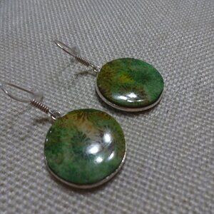 Gorgeous GREEN FOSSIL CORAL Handmade Sterling 925 Dangle Earrings #347C